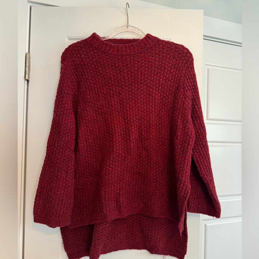 Rachel Roy Sweater Sz L Burgundy Pullover Hi Low Hem Wool Blend Crochet